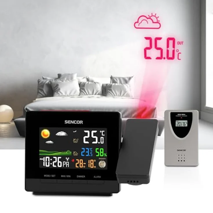 Sencor SWS 5400, Luftstation mit Projektor, Wecker und Wetterstation, Schwarz, Temperatur- und Luftfeuchtigkeitsmessung, Reichweite bis 70 Meter – Bild 4
