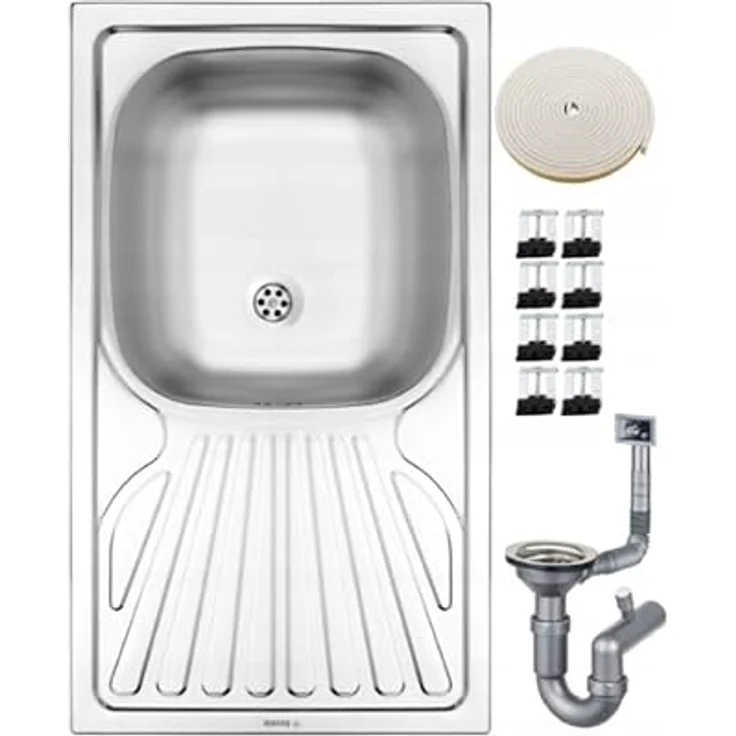DEANTE Eingelassene 1-Kammer-Stahlspüle 76 x 43 cm mit Abtropffläche, Dekor-Finish und Siphon – Bild 1