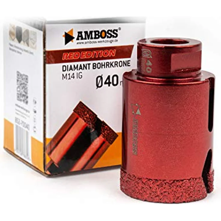 Amboss RED EDITION M14 Diamant Bohrkrone - für Winkelschleifer - Feinsteinzeug, harte Fliesen, Granit/Die ideale Trockenbohrkrone (Ø 40 mm) – Bild 1