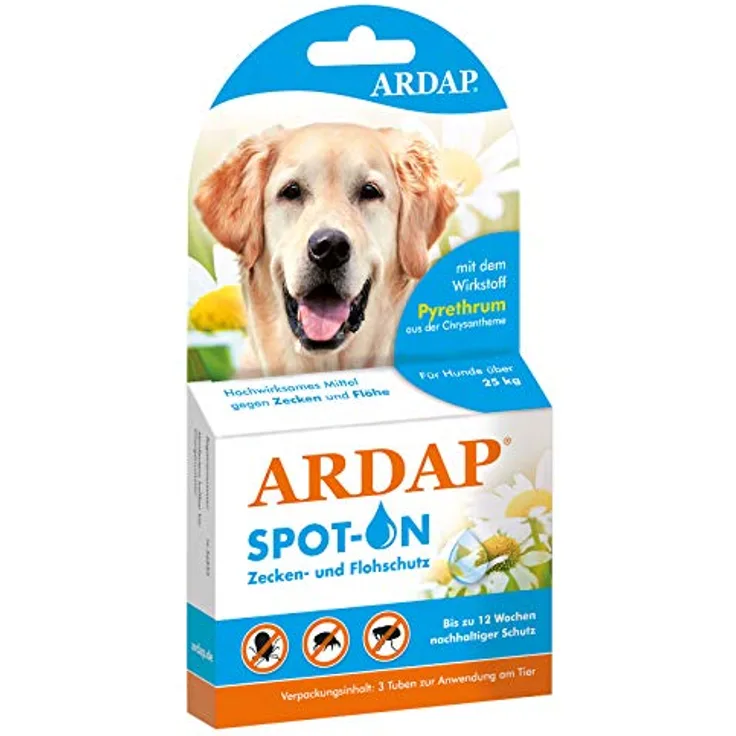 ARDAP Spot On für Hunde über 25kg - Natürlicher Wirkstoff - Zeckenmittel für Hunde, Zeckenschutz Hund, Flohmittel Hund - 3 Tuben je 4ml - Bis zu 12 Wochen nachhaltiger Langzeitschutz