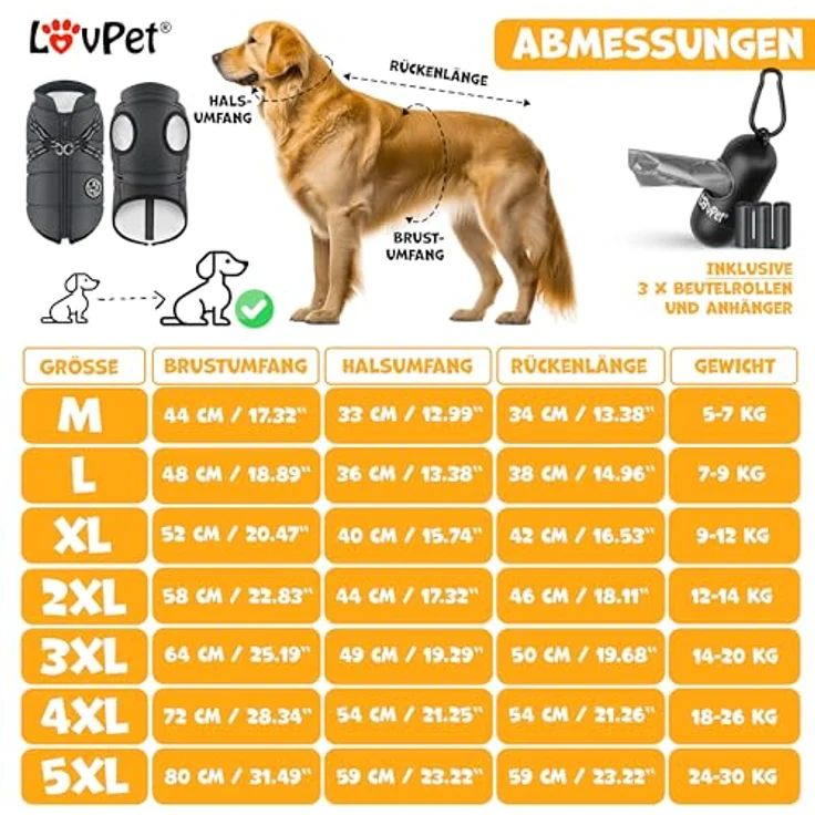 LOVPET® Hundejacke Hundemantel mit Geschirr, inkl. 45 Stück Kotbeutel + Spender, Hunde Winterweste gefüttert wasserdicht, Gepolsterte Weste Mit Brustgurt, Reflektoren, D-Ring 5XL, Anthrazit – Bild 2