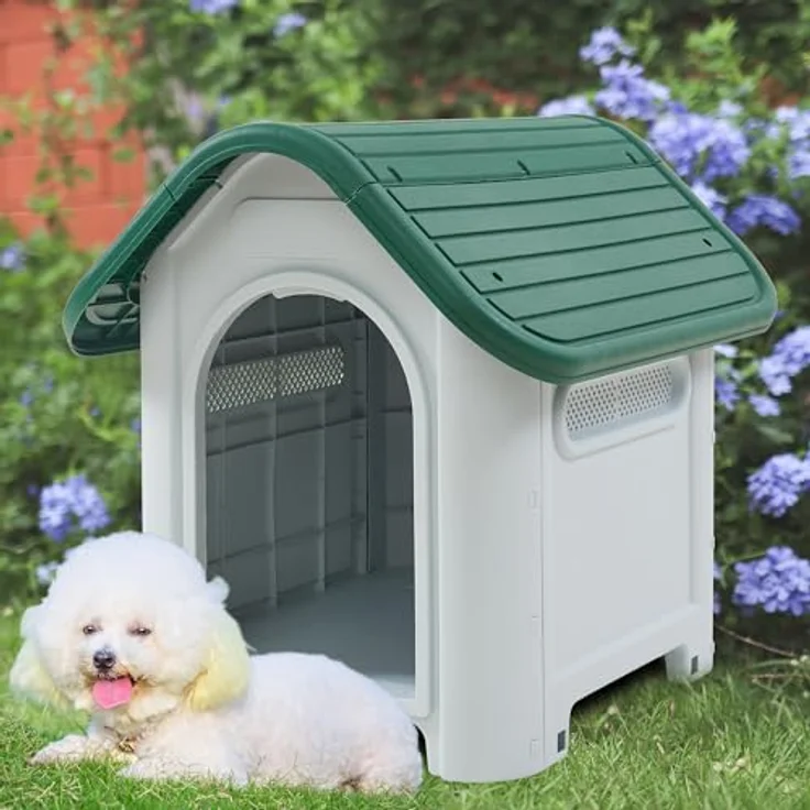 en.casa Hundehütte Outdoor Bello, wetterfestes Hundehaus aus Kunststoff mit Lüftungsschlitzen, erhöhter Boden, 75 x 59 x 66 cm, Weiß/Grün – Bild 1
