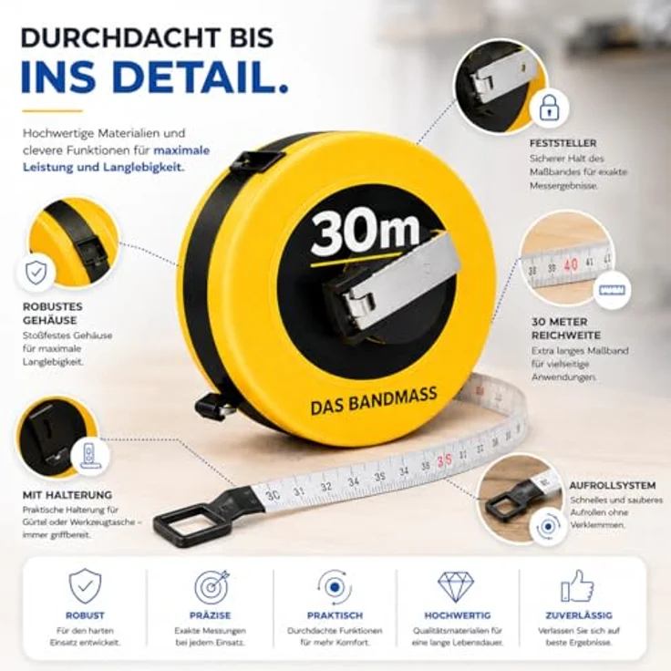 TK Gruppe Timo Klingler XXL Kapselbandmaß 30 Meter, robustes Maßband mit Halterung und präziser Skalierung, ergonomischer Griff und zuverlässiges Aufrollsystem – Bild 2