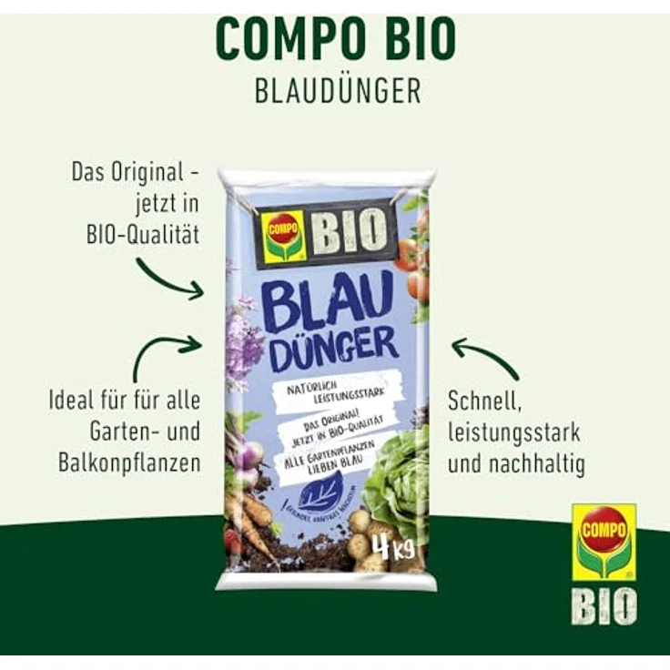 COMPO BIO Blaudünger, Bio-Dünger für Garten- und Balkonpflanzen, universell einsetzbar für Blumen, Gemüse und Obst, 4 kg, blau – Bild 2