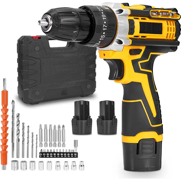 ONEVAN Akku-Bohrschrauber Set, 3/8" Bohrfutter mit 25+3 Drehmomentstufen, 2x 1300 mAh Akkus, 34-teiliges Zubehör, gelb