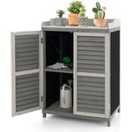 COSTWAY Gartenschrank Holz, Geräteschrank mit Metallplatte, 2 Lagerregalen und aufrollbaren Türen, grau, 67 x 47 x 100 cm