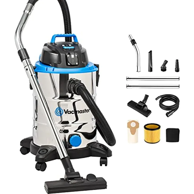 Vacmaster VQ1530SFDC Nass-Trockensauger, 1500W, 30L Edelstahl, starke Saugleistung, integrierte Steckdose, Dualmodus Fußbodenkopf