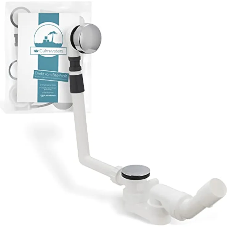 Calmwaters® Excenter-Ablaufgarnitur für Badewannen, Badewannengarnitur mit Überlauf und Excenterbedienung, Überlaufgarnitur für Rechteckwannen, Kunststoff, Chrom, Weiß, 31PM5074
