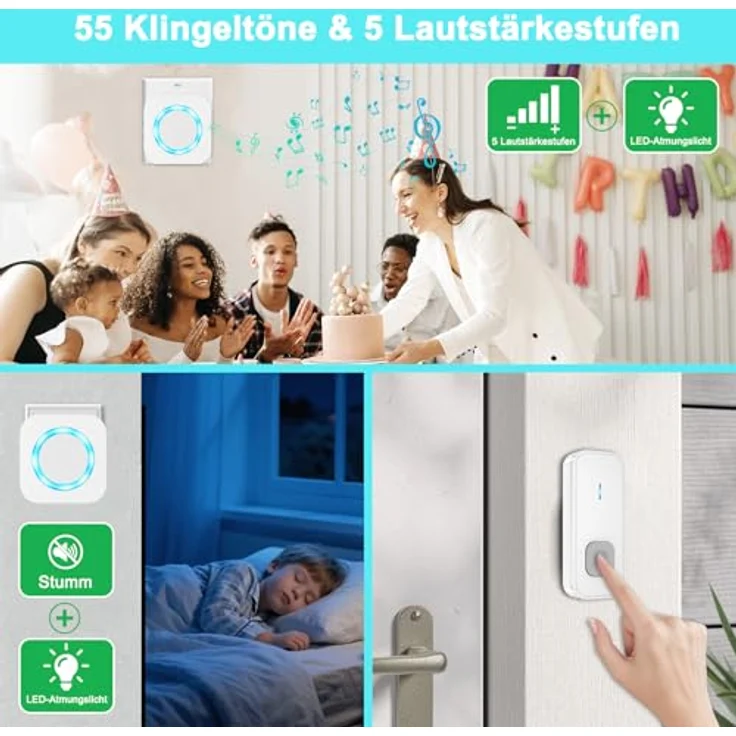 AIMAX Funkklingel Set, 2 Sender und 3 Empfänger, 400m Reichweite, IP55 wasserdicht, 55 Klingeltöne, 5 Lautstärkestufen mit LED-Blitz, kabellose Installation – Bild 4