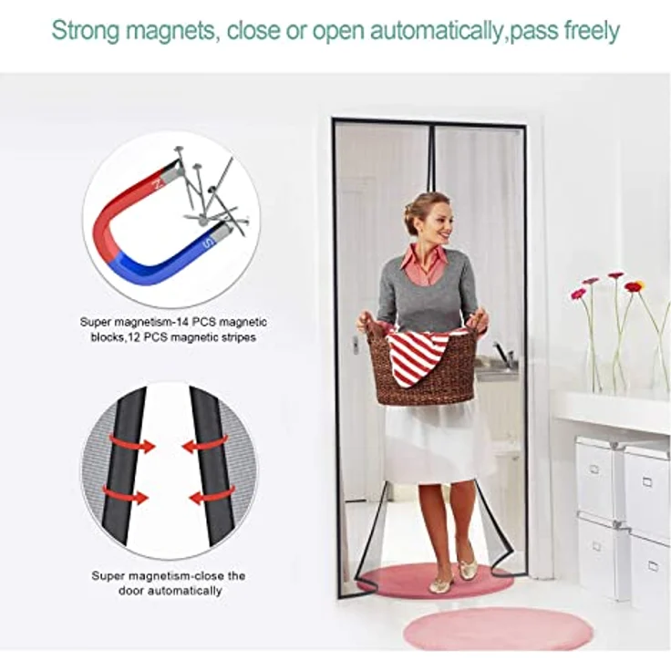 MYCARBON Fliegengitter, magnetisch, 110 x 210 cm, automatisches Schließen, ultradünnes Netz, Fliegenschutz, Installation ohne Bohren, Schwarz – Bild 4