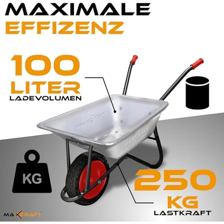 MAXCRAFT Schubkarre 150 kg 100 L Bauschubkarre Gartenschubkarre Transportkarre Schiebkarre mit Luftbereifung - Schwarz – Bild 3