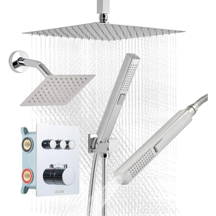 VEVOR Duschsystem-Set, 12 Zoll Regenduschsystem mit 6 Zoll Wandmontagekopf, 2 in 1 Handbrause, drehbarer Doppelregenkopf (3 Funktionen), Messingventil, Chrom, thermostatisch – Bild 1