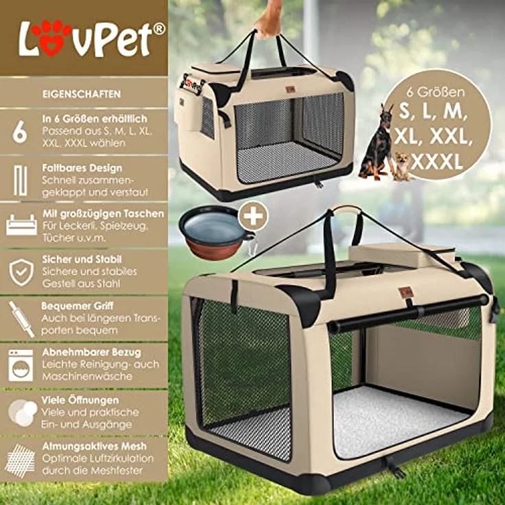 LOVPET® Hundebox Hundetransportbox faltbar Inkl.Hundenapf L 70x52x52cm Transporttasche Hundetasche Transportbox für Haustiere, Hunde und Katzen Haustiertransportbox Beige – Bild 2