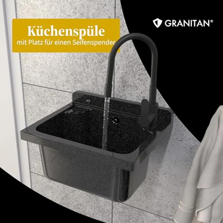 Granitan Kunststoffspüle LOMA - Ausgussbecken Waschtrog mit Siphon - Wandmontage 42x34x24 cm, Waschebcken Set in verschiedenen Farben – Bild 4