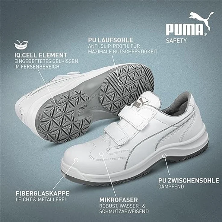 PUMA Safety Sicherheitsschuh - Fiberglaskappe, I.Q.-Cell Dämpfung, Mikrofaser, Klettverschluss, metallfrei, mondopoint Weite 11, zertifiziert (Weiß) – Bild 4