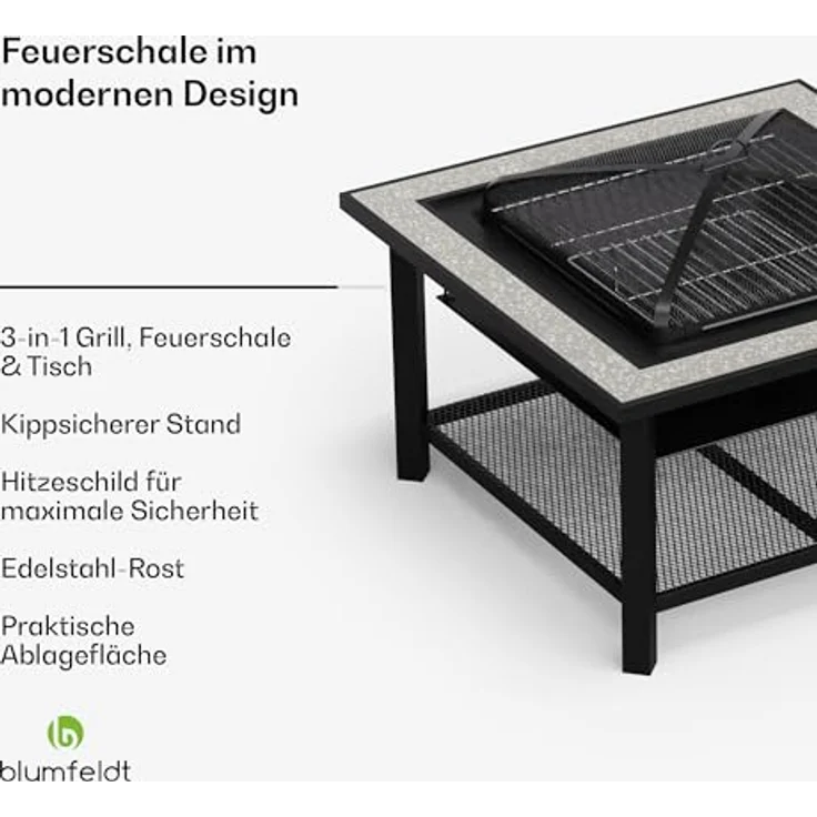 Blumfeldt Merano Avanzato, 3-in-1 Feuerschale mit Grillrost & Terrazzo-Tischplatte, robuster Stahlrahmen, inkl. Funkenschutz, Hitzeschild & Schürhaken, für Garten & Terrasse – Bild 2