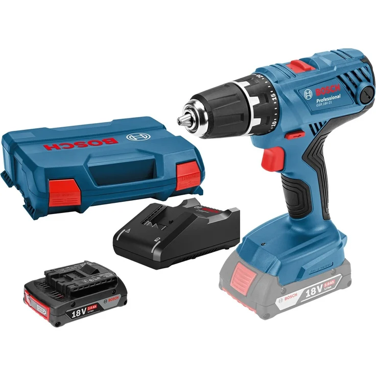 Bosch Akku-Bohrschrauber GSR 18V-21, 1x 2,0 Ah Akku + Ladegerät, 55 Nm Drehmoment, Vollmetallgetriebe, schlüsselloses 13-mm-Bohrfutter, L-Case