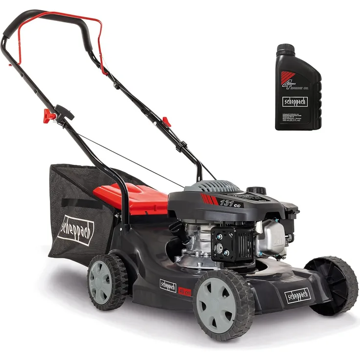 Scheppach MP132-40 Benzin-Rasenmäher - 3,3 PS | 40 cm Schnittbreite | 3-fache Schnitthöhenverstellung | 35 Liter Fangkorb | leicht & platzsparend | große Laufräder | Rasenmäher inkl. Motoröl 