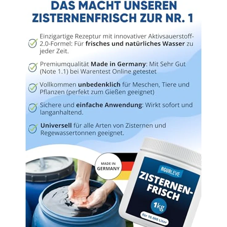 AGUALEVE® Zisternenfrisch 1kg - Für frisches Regenwasser, geeignet für alle Zisternen & Regenwassertonnen, Made in Germany, für bis zu 10.000 Liter, Note 1,1 – Bild 3