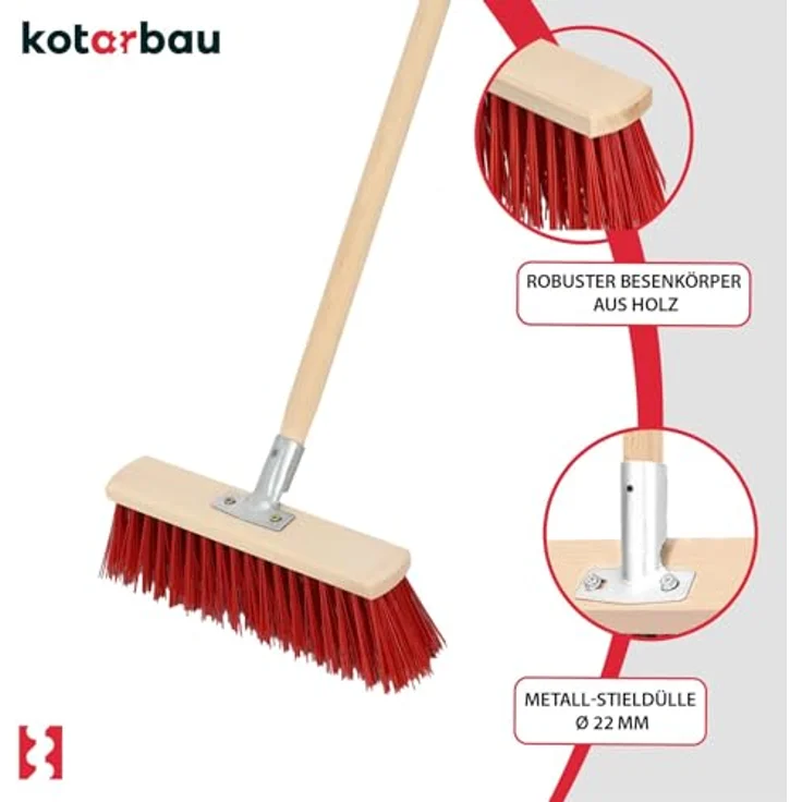KOTARBAU® Straßenbesen 33 cm, Industriebesen mit Nylonborsten für Laub, robustes Holz, ideal für Innen- und Außenbereich, natürlich/rot – Bild 4