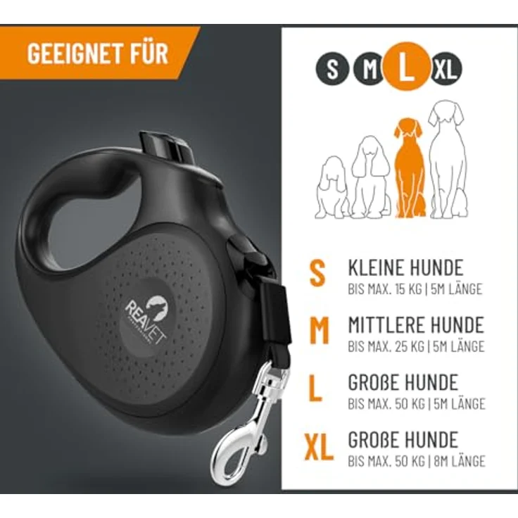 ReaVET Rollleine Hundeleine ausziehbar 5m für große Hunde (L) I Ergonomischer & Rutschfester Griff I Hundeleine Einziehbar, Robuste Ausziehleine mit Brems-Stopp-System I Leine Hund bis 50kg – Bild 2