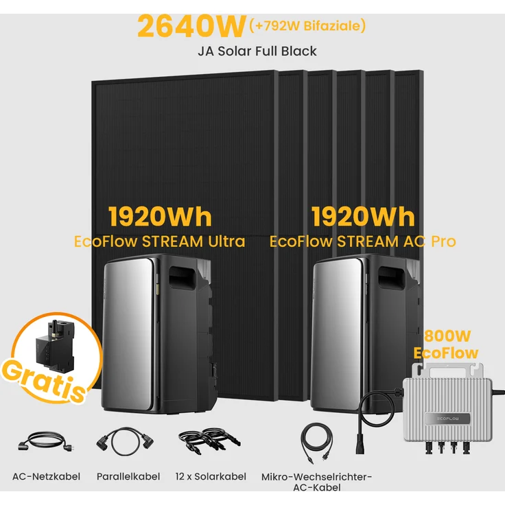 EcoFlow STREAM Ultra, Balkonkraftwerk mit 3840Wh Speicher, 6x JA Solar 440W Solarmodule und 800W Mikro-Wechselrichter, Full Black Design