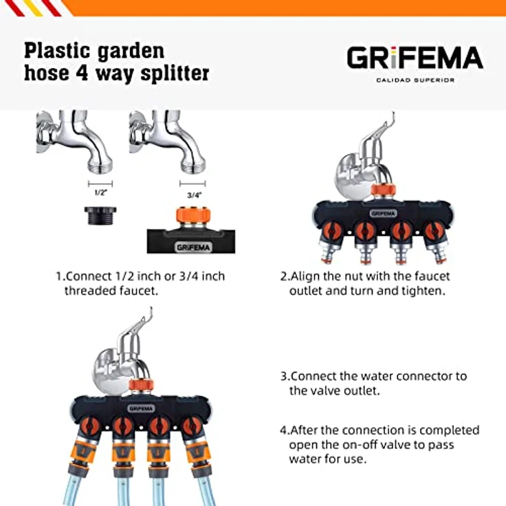GRIFEMA 4-Wege-Verteiler, 3/4 Zoll und 1/2 Zoll Wasseranschluss Verteiler, 4 Geräte Können Gleichzeitig Verbunden Werden, Einstellbarer Wasserdurchfluss – Bild 5