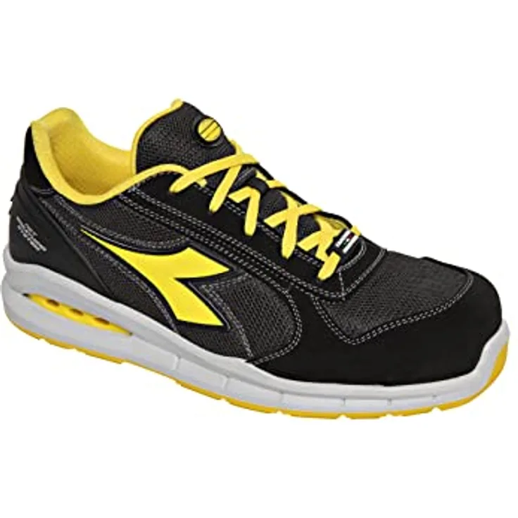 Utility Diadora Run Net Air Box, S1P Sicherheitsschuh aus perforiertem Wildspaltleder mit Aluminiumkappe und atmungsaktivem Nylonfutter, schwarz/anthrazit/gelb