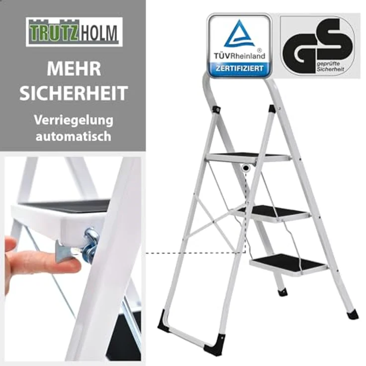 TRUTZHOLM Trittleiter 3 Stufen klappbar, TÜV/GS zertifiziert, 150 kg Traglast, Anti-Rutsch Trittflächen, Sicherheitsverriegelung, Stahl Leiter (Weiß) – Bild 5