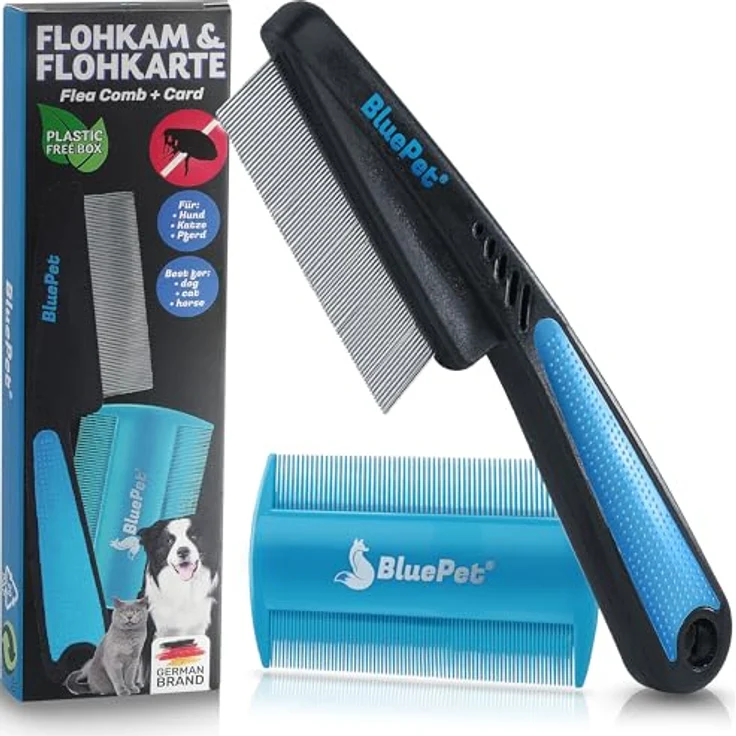 BluePet Flohkamm + Flohkarte, Effektiv gegen Flöhe, Läuse & Zecken, sanfte abgerundete Zinken aus rostfreiem Edelstahl, vielseitig einsetzbar als Hundekamm und Nissenkamm – Bild 1