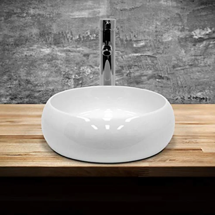 ECD Germany Waschbecken Waschtisch Ø 400 x 350 mm Keramik Rund Weiß inkl. Ablaufgarnitur für Waschbecken ohne Überlauf Aufsatzbecken Aufsatzwaschbecken Aufsatzwaschtisch Waschschale Spülbecken Becken – Bild 3