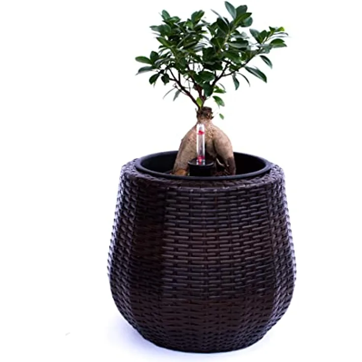 Elegant Einrichten Übertopf, runder Pflanzkübel aus coffee braunem Polyrattan mit Bewässerungssystem, 35x32 cm