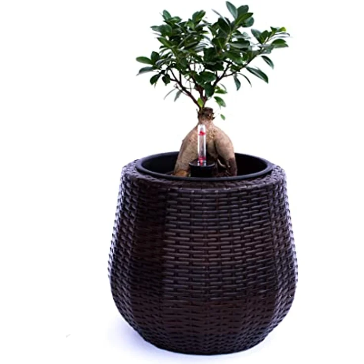 Elegant Einrichten Übertopf, runder Pflanzkübel aus coffee braunem Polyrattan mit Bewässerungssystem, 35x32 cm – Bild 1