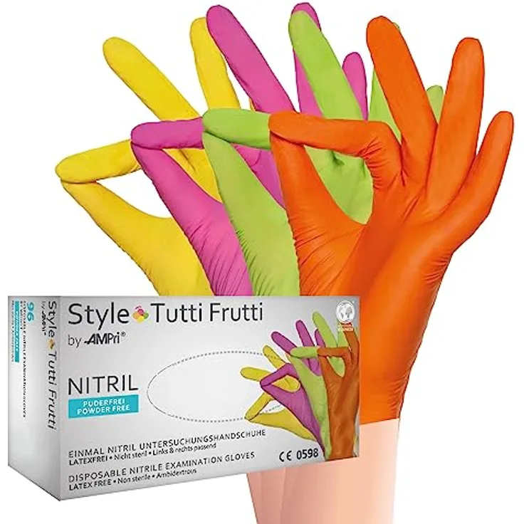 AMPri Nitrilhandschuhe, bunt, Farbenmix, 96 Stück/Box, Größe XL, puderfrei, Style tutti frutti by Med-Comfort: Nitril Einmalhandschuhe in den Größen XS, S, M, L, XL erhältlich