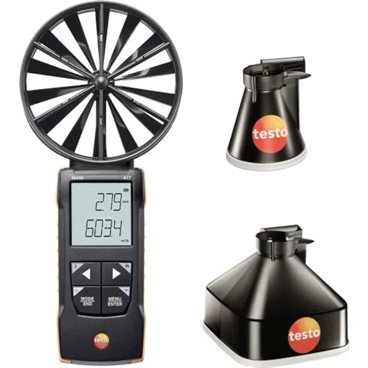 Testo 417-1 Anemometer, Flügelrad-Messgerät für Luftgeschwindigkeiten von 0.3 bis 20 m/s, inkl. 2 Messtrichtern
