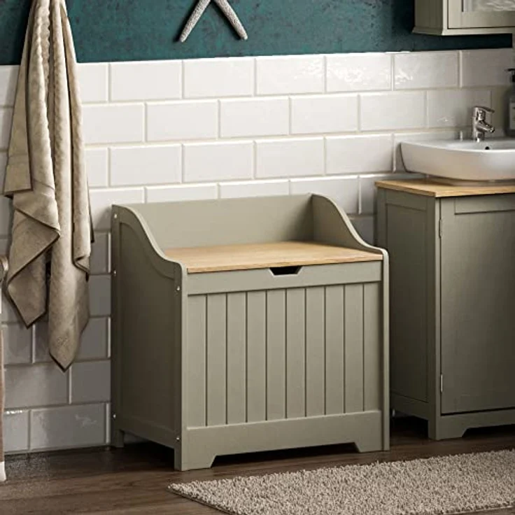 Home Discount Bath Vida Priano Badezimmer-Wäscheschrank, Aufbewahrungsschrank, Holzkorb, grau, Grey Bathroom Laundry Cabinet – Bild 2