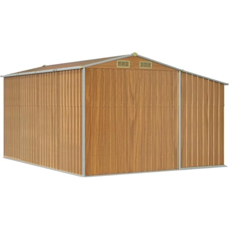 vidaXL Gerätehaus, Gartenhaus mit Schrägdach Griffe, Gartenschuppen Schuppen mit Stauraum, Geräteschuppen Metallschuppen, Hellbraun 277x365,5x179 cm Verzinkter Stahl – Bild 5