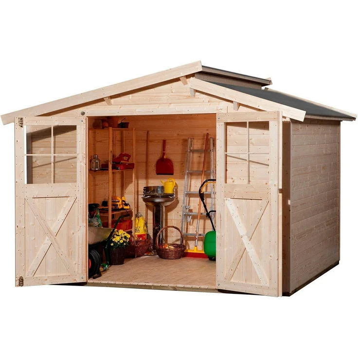 Weka Gartenhaus 323 Gr.3, natur, 19 mm, BxT: 330x217 cm, mit versetztem Satteldach und Massivholz-Doppeltür