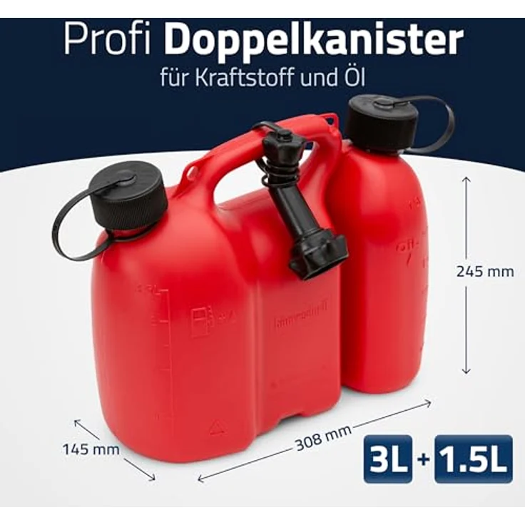 hünersdorff PROFI Doppelkanister - Kombikanister für Kraftstoff und Öl mit Kindersicherung und Auslaufrohr, 3 + 1,5 Liter, rot, UN-Zulassung, Made in Germany – Bild 3