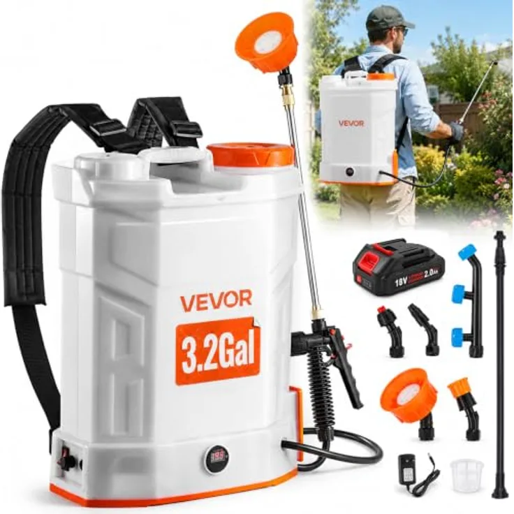 VEVOR Akku-Sprühgerät 12 L, elektrischer Rücken-Drucksprüher mit 2 einziehbaren Stäben und 5 Düsen, einstellbar 0–6 bar, 2 Stunden Laufzeit, tragbarer Pumpsprüher für Hof, Garten und Rasen