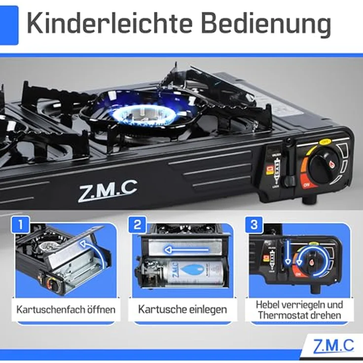 Z.M.C PREMIUM Camping Gaskocher 2-flammig mit Grillplatte 45x24 cm, 4 Gaskartuschen 227g, Piezozündung und Zündsicherung für Outdoor und Innenraum – Bild 3