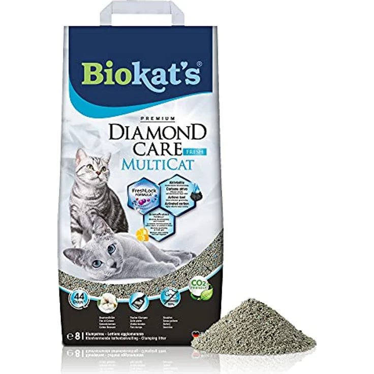 Biokat's Diamond Care MultiCat Fresh Katzenstreu mit Duft - Feine Klumpstreu aus Bentonit mit Aktivkohle speziell für Mehrkatzen-Haushalte - 1 Sack (1 x 8 L) – Bild 1