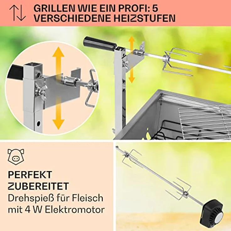 Klarstein Sauenland Mini, 2-in-1 Rotisserie Grill mit Motor, Edelstahl-Drehspieß und Grillfläche 55 x 29 cm, Holzkohlegrill mit Rollen – Bild 3