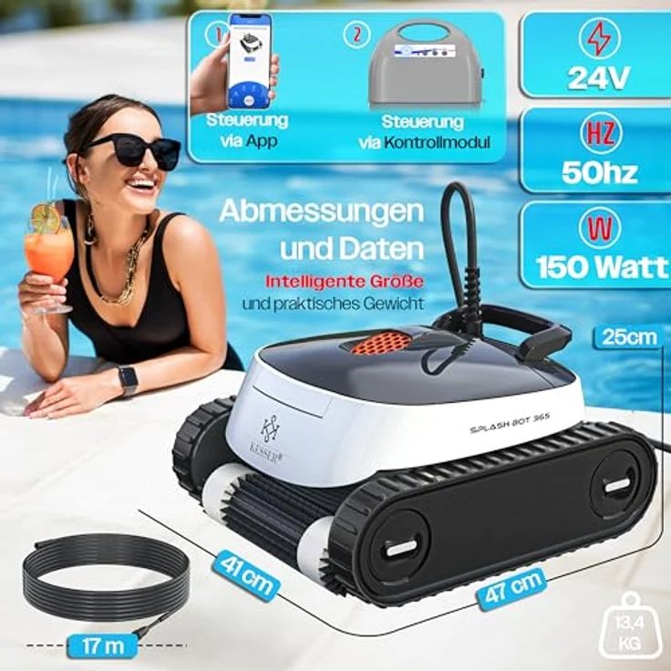 KESSER® Poolroboter für Boden und Wand | Poolsauger bis 100m² Pools & eine leistungsstarke Reinigung | Vollautomatischer Poolreiniger mit App-Funktion und Klettermechanismus, blau – Bild 7