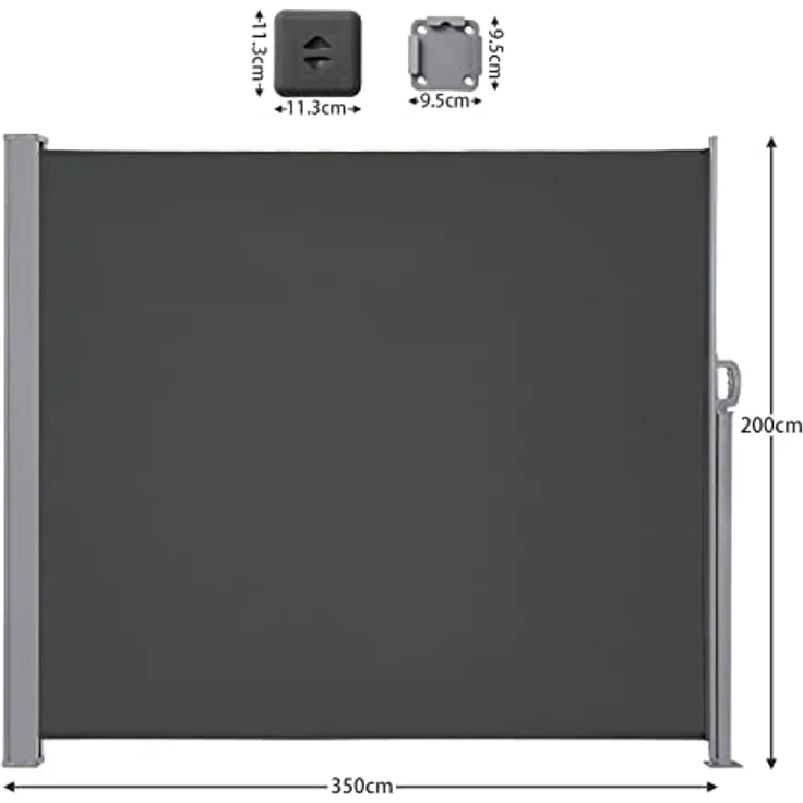 LARMNEE Seitenmarkise, rostbeständige Sichtschutzmarkise 200 x 350 cm, ausziehbar, Dunkelgrau, für Balkon, Terrasse und Garten – Bild 2