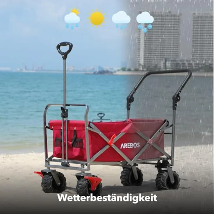 Arebos Bollerwagen faltbar, Transportkarre mit 2 Netztaschen, Vorderrad-Bremsen & Teleskopstange, bis 100 kg Tragkraft, rot – Bild 4
