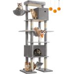 FEANDREA Kratzbaum 201 cm groß, mehrstöckiger Katzenbaum mit Kippschutz, Hellgrau/Dunkelgrau/Beige