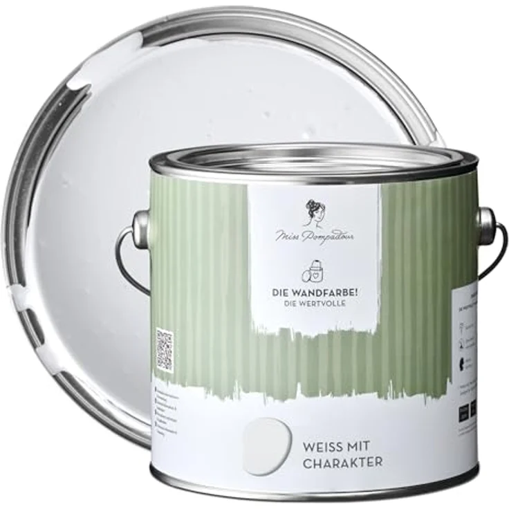 MissPompadour Wandfarbe Die Wertvolle, Weiße matte Innenfarbe mit sehr hoher Deckkraft, 2,5 L, geruchsneutral und spritzfrei, wasserbasiert – Bild 1