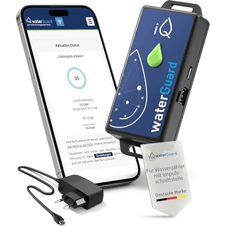 iQ waterGuard, Smarter Wassermelder mit 92dB Wasseralarm und WLAN, Wasserverbrauchs-Zähler für Smartphone, Überwachung bei Wasserschaden