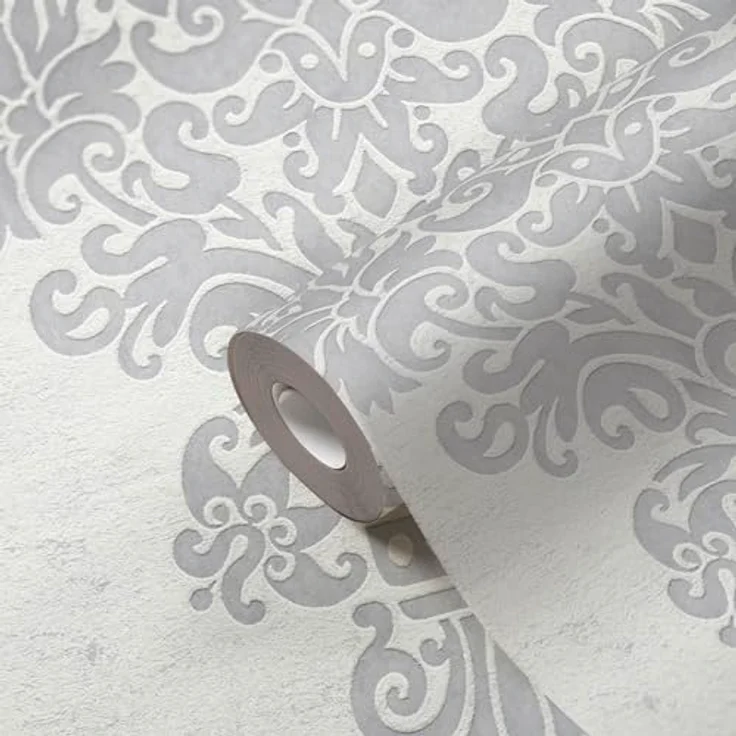 A.S. Création Pure Elegance Vliestapete mit Ornamenten, 0,53 x 10,05 m, Weiß und Grau, Barocktapete, Made in Germany, robust und waschbeständig – Bild 2